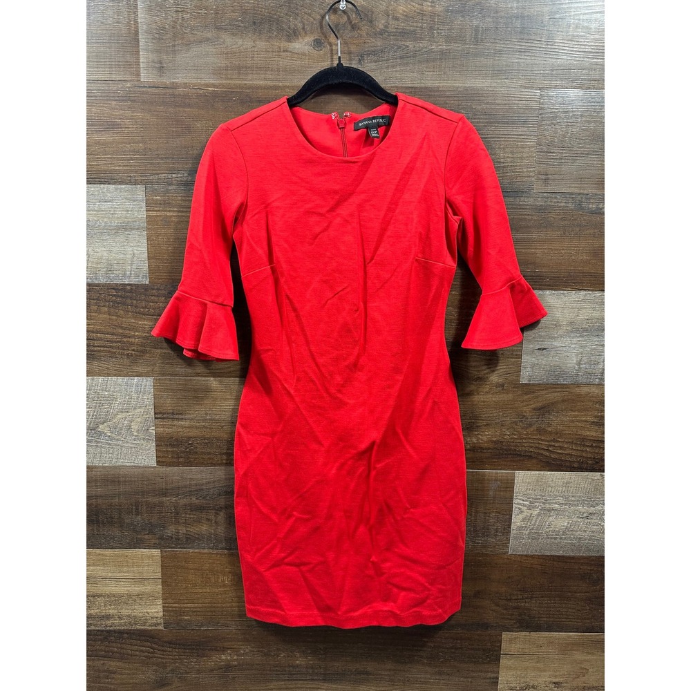 Banana Republic Red Ruffle Bell Sleeve Sheath Dress Petite 00P Ponte Knit